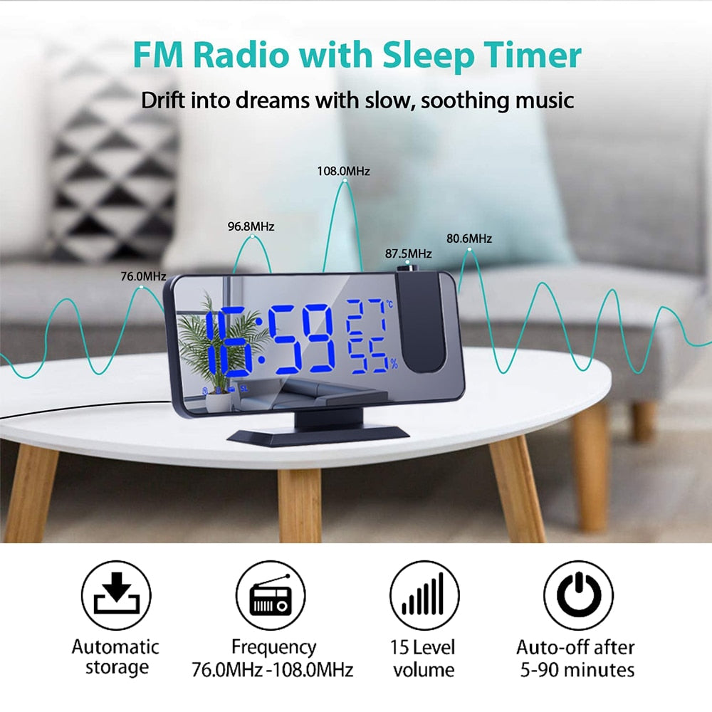 LED Digital Projection Alarm Clock Electronic  FM Radio Time Projector Bedroom Bedside Mute Clock