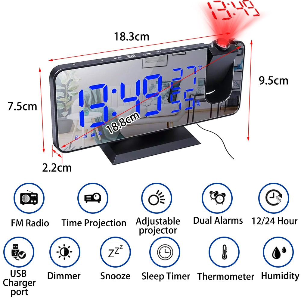 LED Digital Projection Alarm Clock Electronic  FM Radio Time Projector Bedroom Bedside Mute Clock