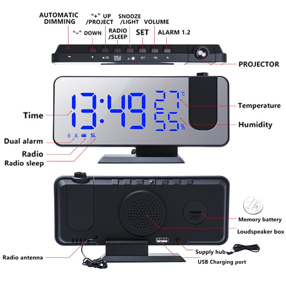 LED Digital Projection Alarm Clock Electronic  FM Radio Time Projector Bedroom Bedside Mute Clock