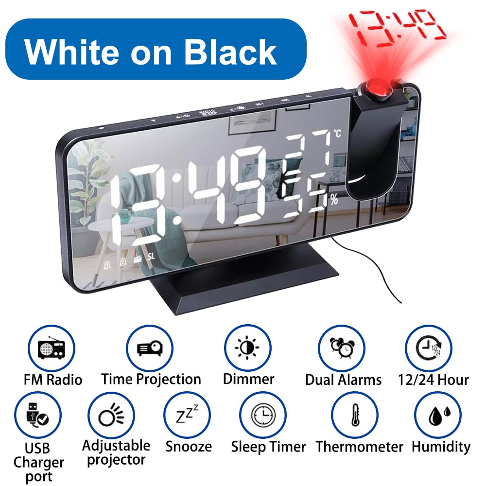 LED Digital Projection Alarm Clock Electronic  FM Radio Time Projector Bedroom Bedside Mute Clock