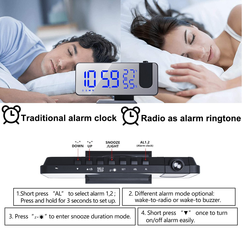 LED Digital Projection Alarm Clock Electronic  FM Radio Time Projector Bedroom Bedside Mute Clock