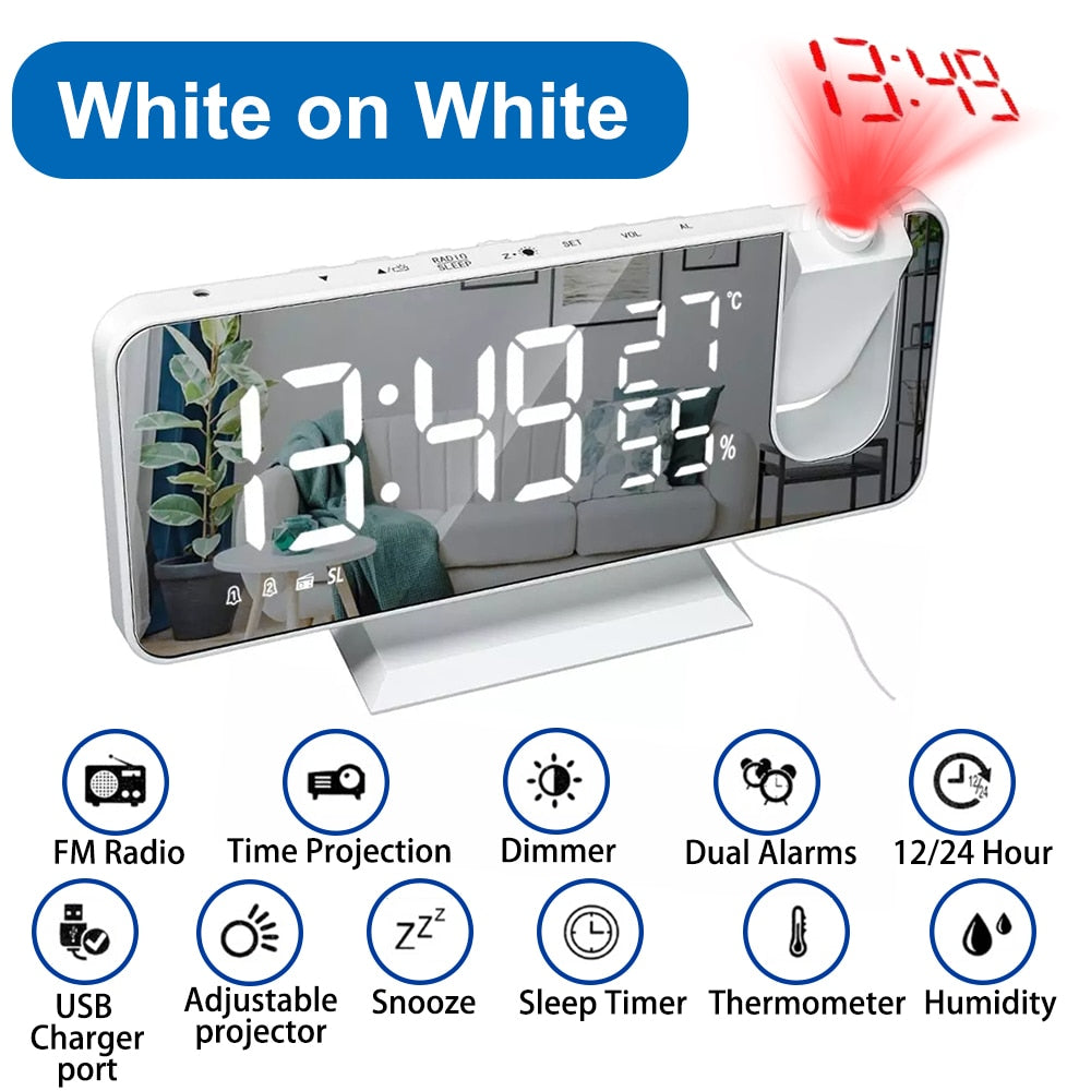 LED Digital Projection Alarm Clock Electronic  FM Radio Time Projector Bedroom Bedside Mute Clock