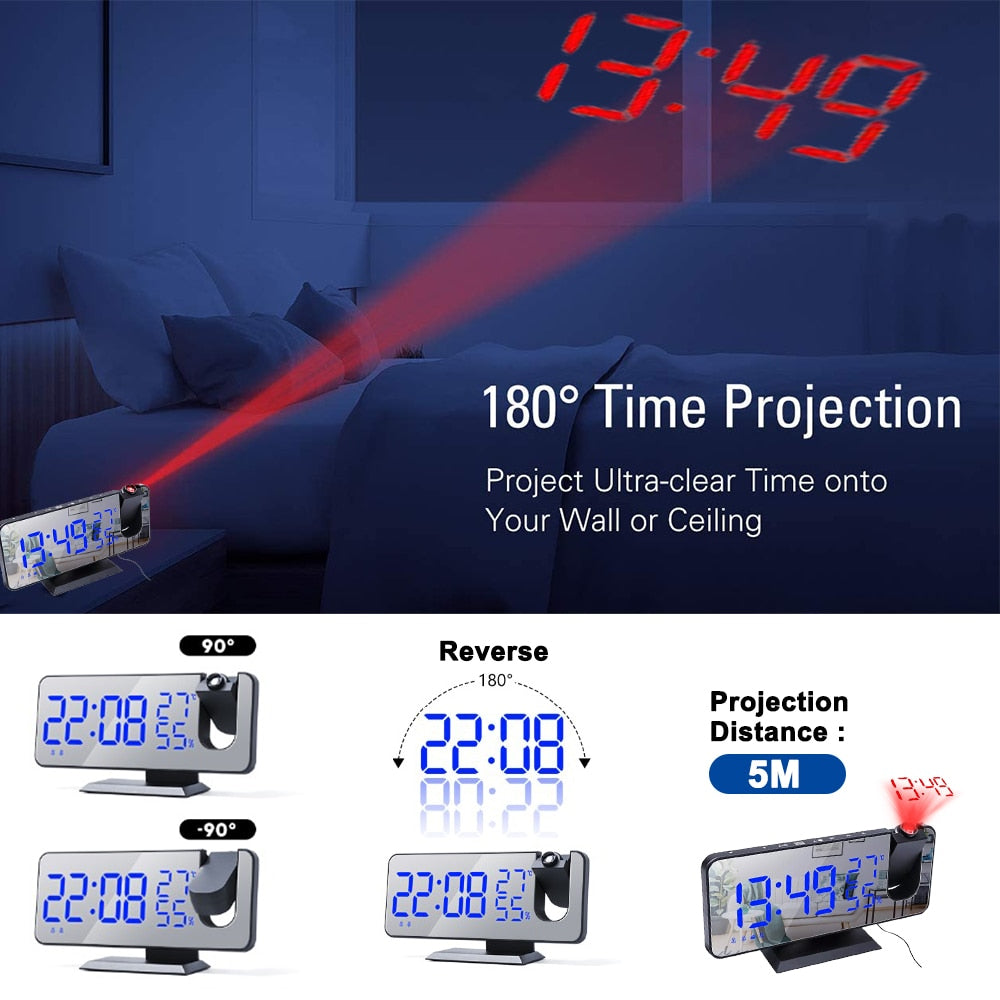 LED Digital Projection Alarm Clock Electronic  FM Radio Time Projector Bedroom Bedside Mute Clock