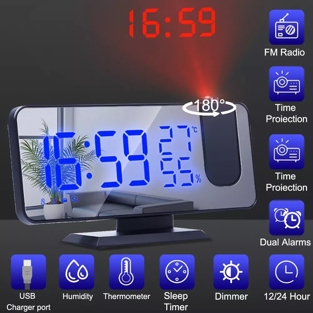 LED Digital Projection Alarm Clock Electronic  FM Radio Time Projector Bedroom Bedside Mute Clock