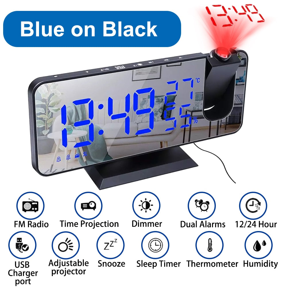 LED Digital Projection Alarm Clock Electronic  FM Radio Time Projector Bedroom Bedside Mute Clock