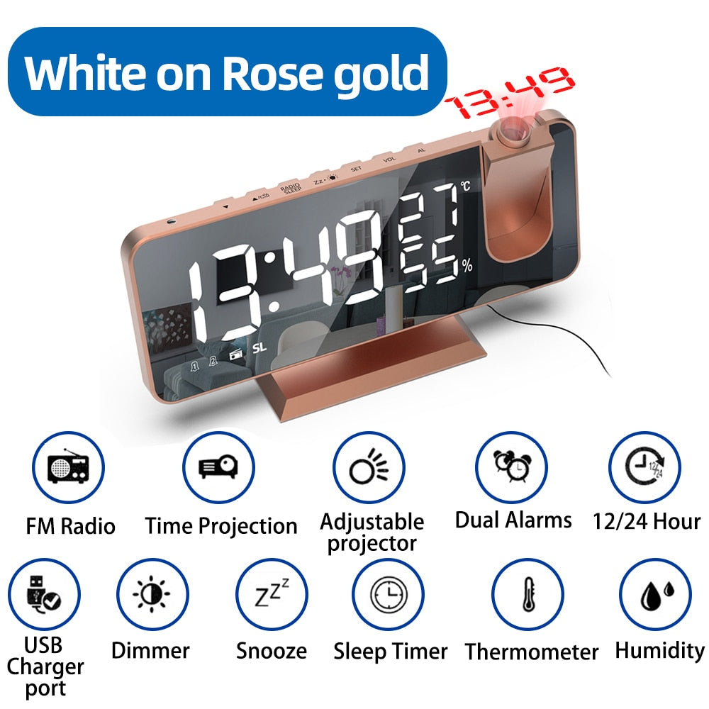 LED Digital Projection Alarm Clock Electronic  FM Radio Time Projector Bedroom Bedside Mute Clock